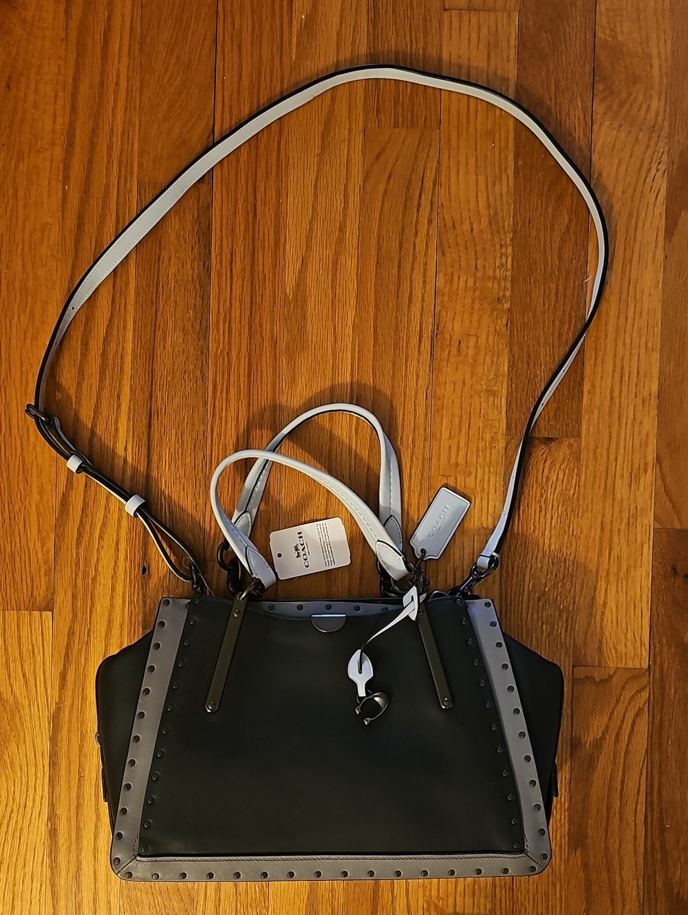 Brand New Coach Leather Handbag. Studded, Black, Blue, Gray.
